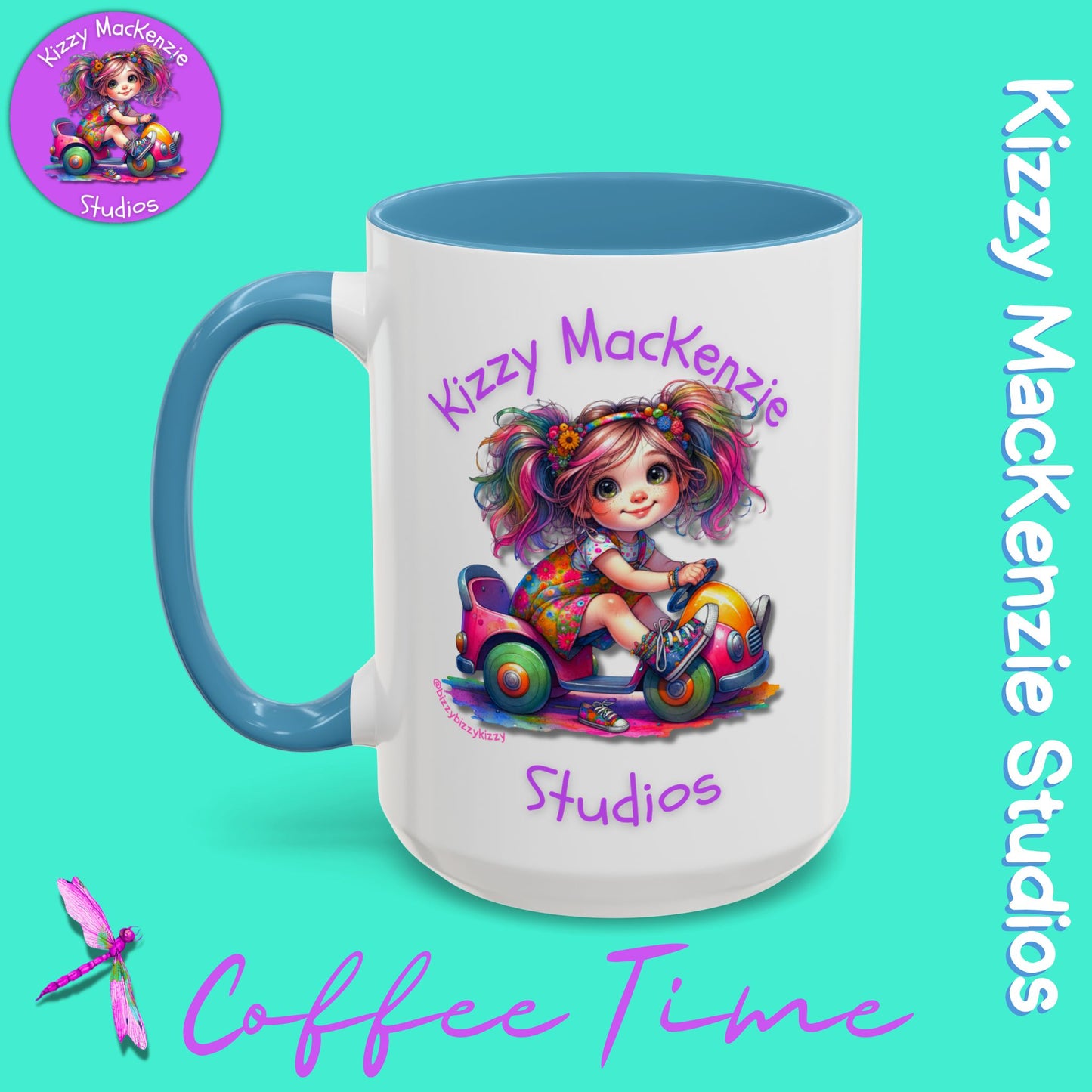 Kizzy MacKenzie Studios Logo Signature Mug Colorful Girl Driving Toy Car Accent Coffee Mug (11, 15oz)
