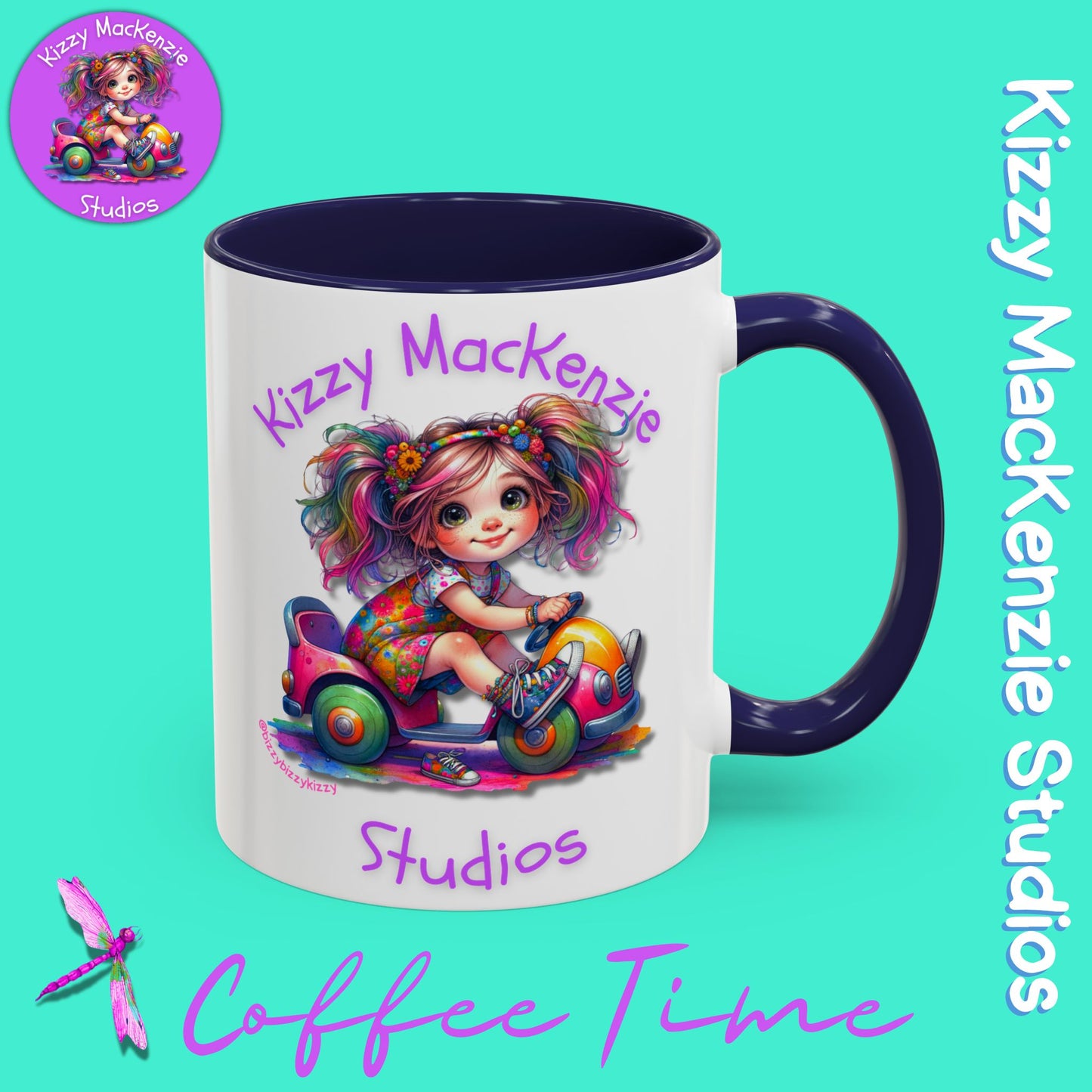 Kizzy MacKenzie Studios Logo Signature Mug Colorful Girl Driving Toy Car Accent Coffee Mug (11, 15oz)