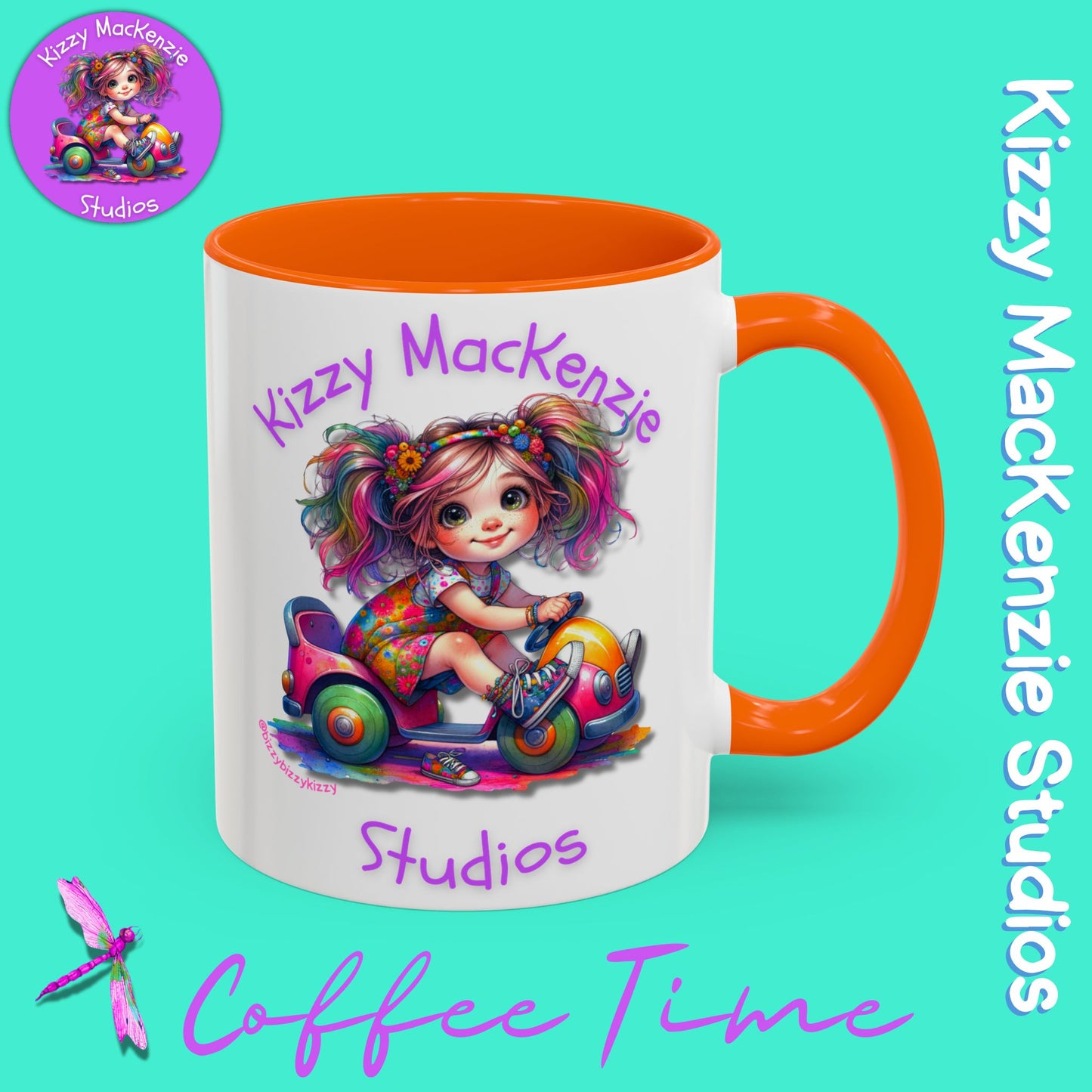 Kizzy MacKenzie Studios Logo Signature Mug Colorful Girl Driving Toy Car Accent Coffee Mug (11, 15oz)