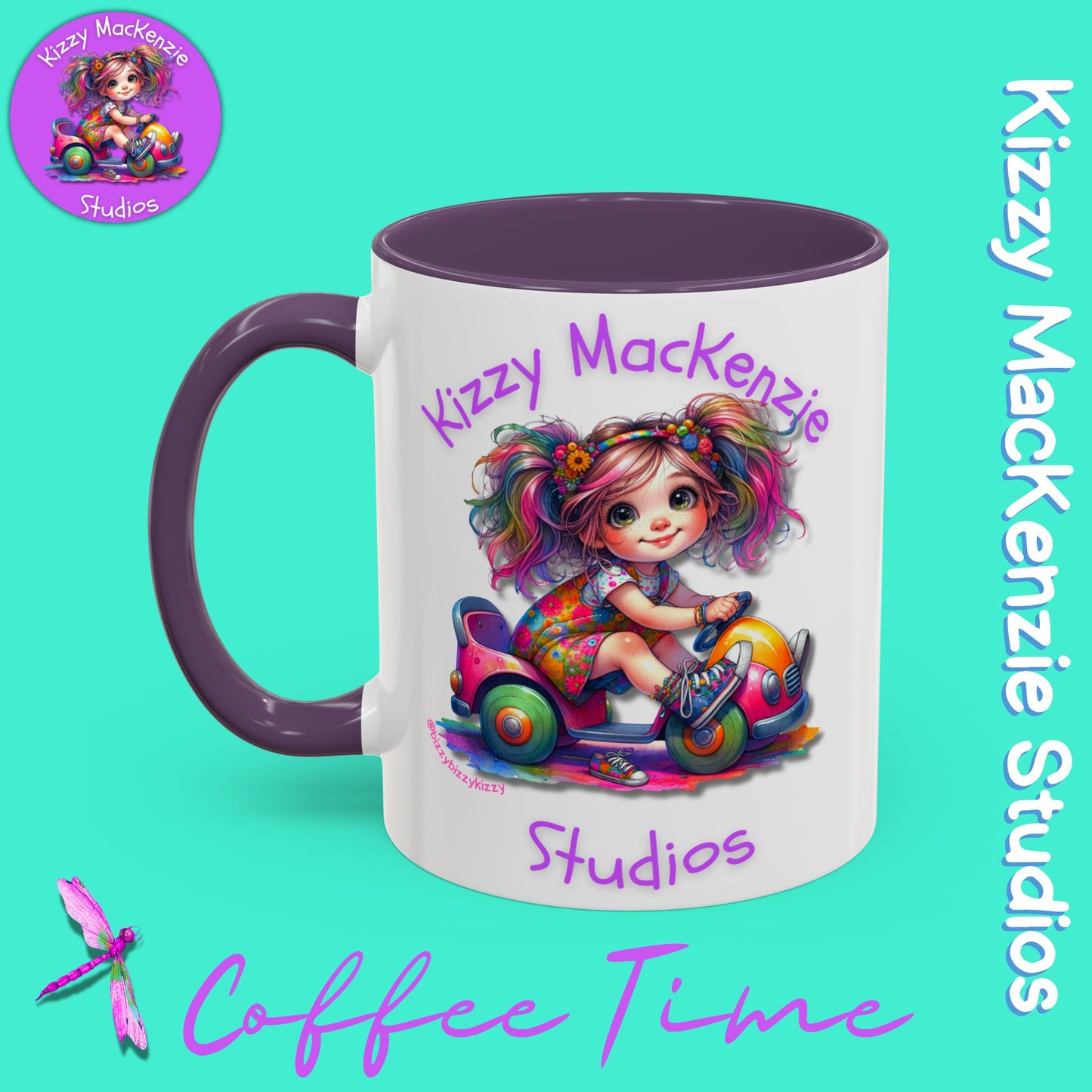 Kizzy MacKenzie Studios Logo Signature Mug Colorful Girl Driving Toy Car Accent Coffee Mug (11, 15oz)