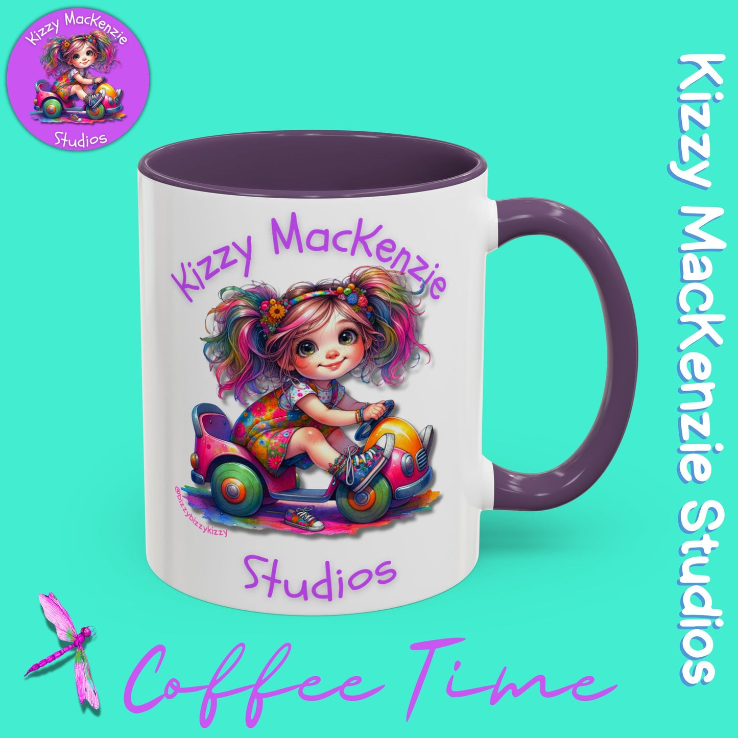 Kizzy MacKenzie Studios Logo Signature Mug Colorful Girl Driving Toy Car Accent Coffee Mug (11, 15oz)