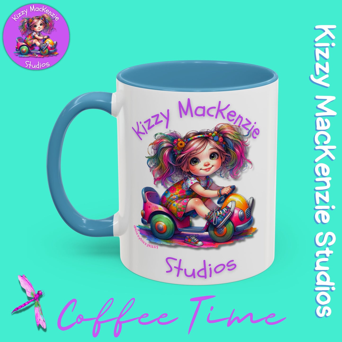 Kizzy MacKenzie Studios Logo Signature Mug Colorful Girl Driving Toy Car Accent Coffee Mug (11, 15oz)