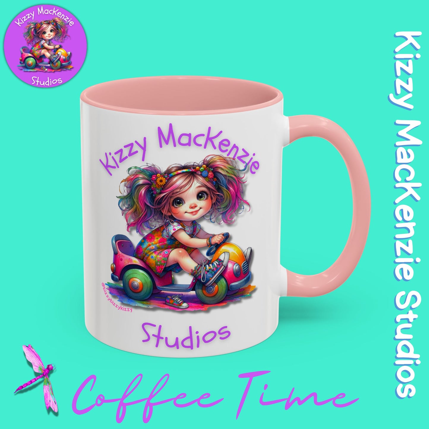 Kizzy MacKenzie Studios Logo Signature Mug Colorful Girl Driving Toy Car Accent Coffee Mug (11, 15oz)