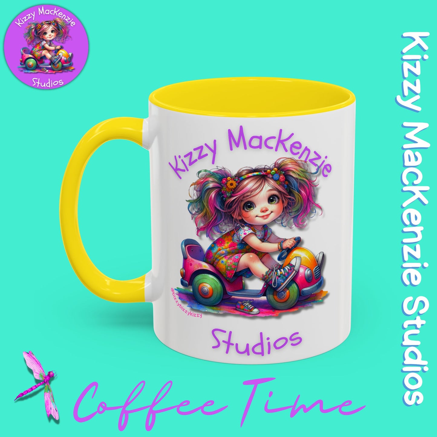 Kizzy MacKenzie Studios Logo Signature Mug Colorful Girl Driving Toy Car Accent Coffee Mug (11, 15oz)