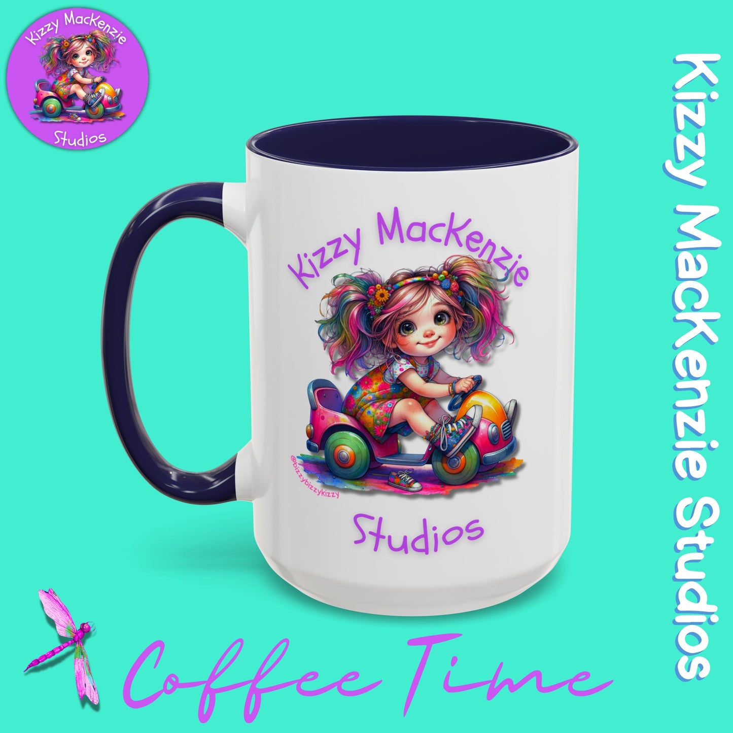 Kizzy MacKenzie Studios Logo Signature Mug Colorful Girl Driving Toy Car Accent Coffee Mug (11, 15oz)