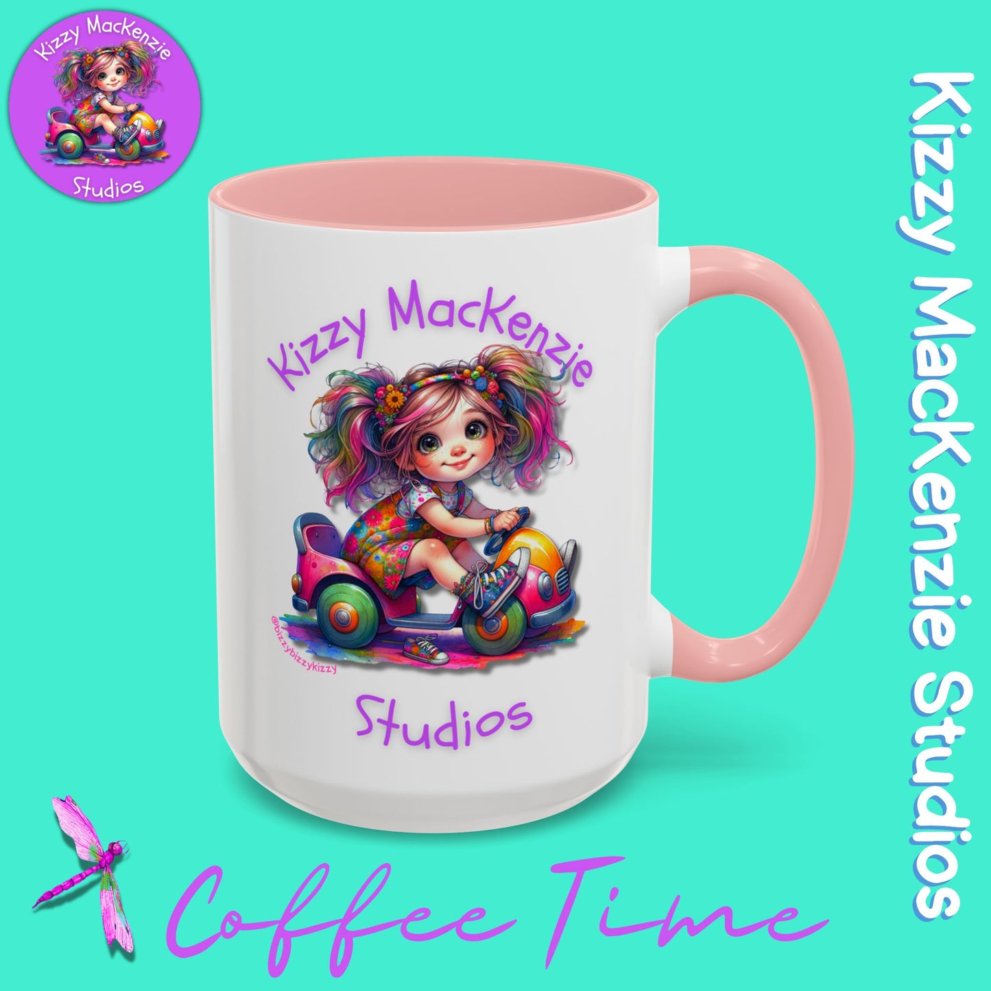 Kizzy MacKenzie Studios Logo Signature Mug Colorful Girl Driving Toy Car Accent Coffee Mug (11, 15oz)