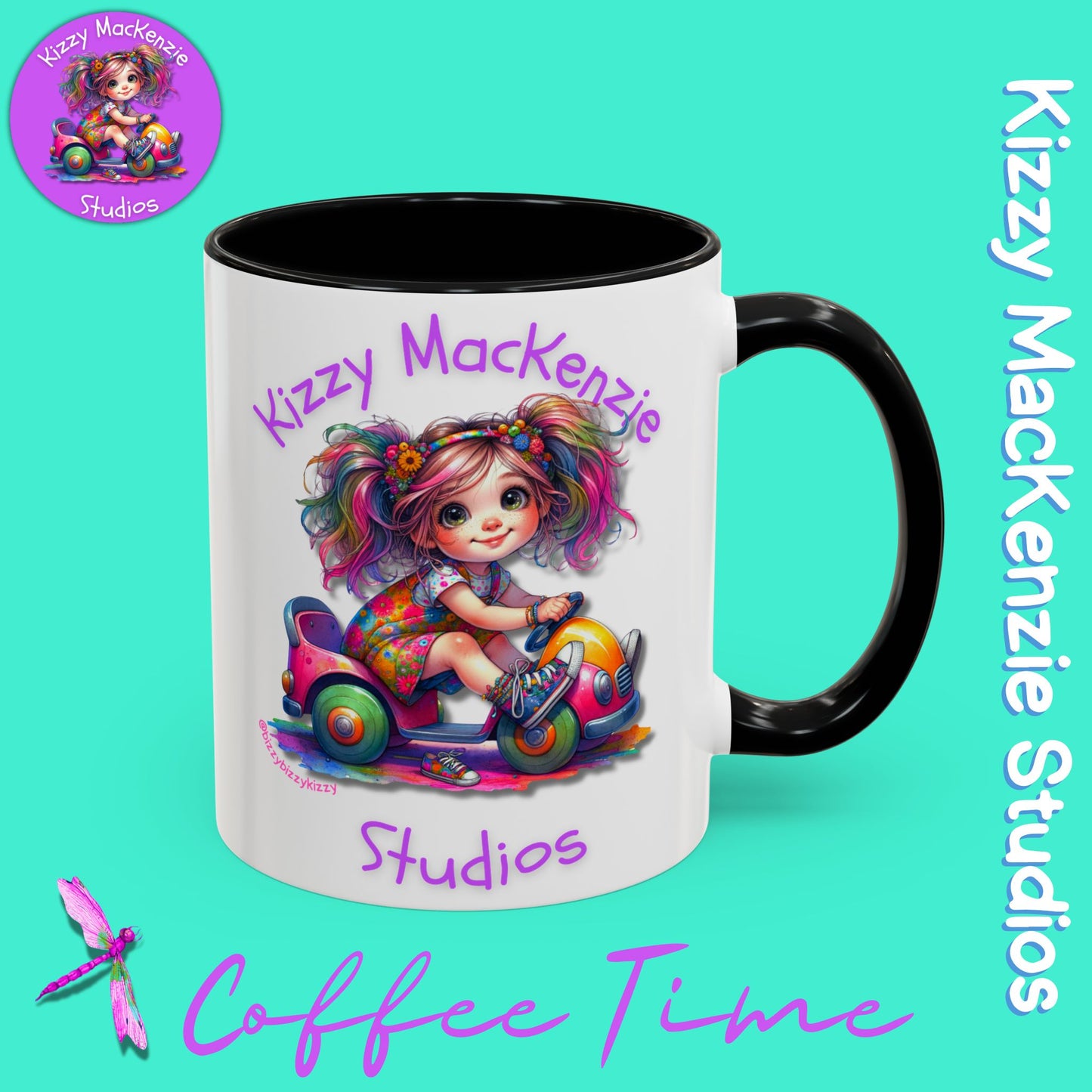 Kizzy MacKenzie Studios Logo Signature Mug Colorful Girl Driving Toy Car Accent Coffee Mug (11, 15oz)