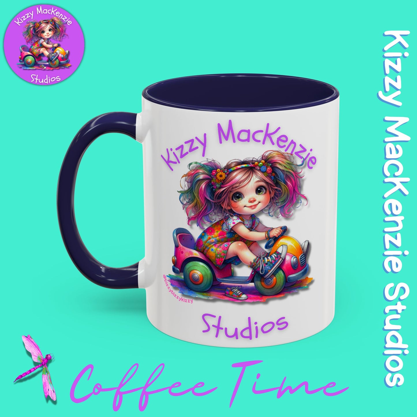 Kizzy MacKenzie Studios Logo Signature Mug Colorful Girl Driving Toy Car Accent Coffee Mug (11, 15oz)