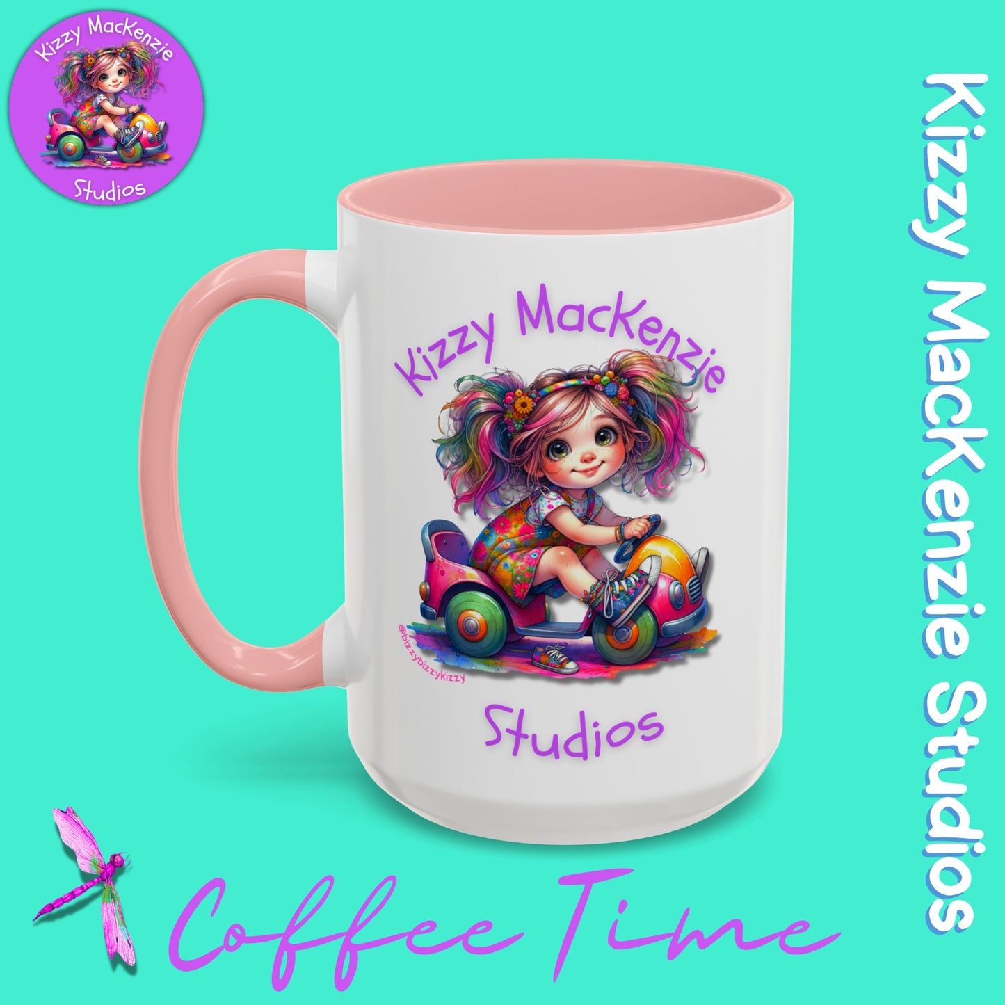 Kizzy MacKenzie Studios Logo Signature Mug Colorful Girl Driving Toy Car Accent Coffee Mug (11, 15oz)