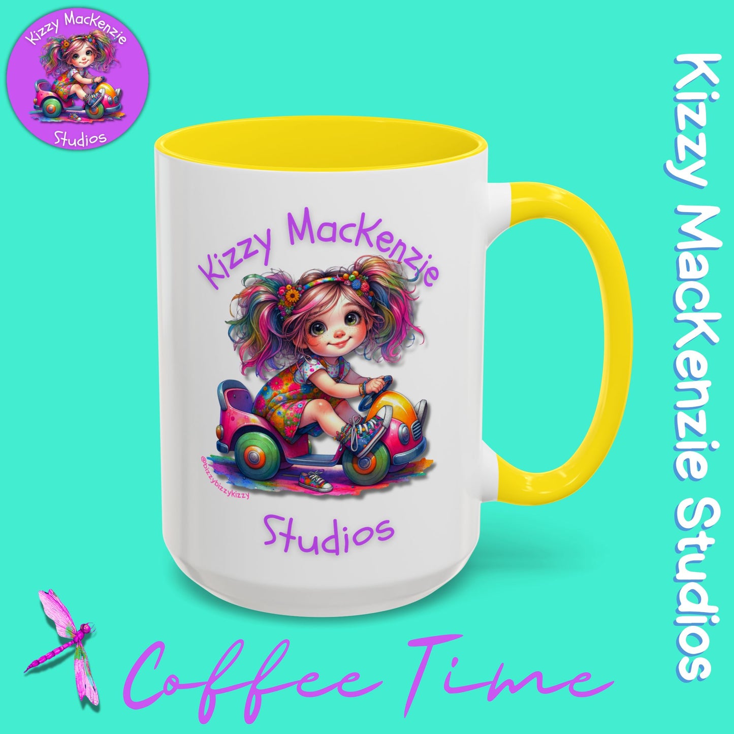 Kizzy MacKenzie Studios Logo Signature Mug Colorful Girl Driving Toy Car Accent Coffee Mug (11, 15oz)
