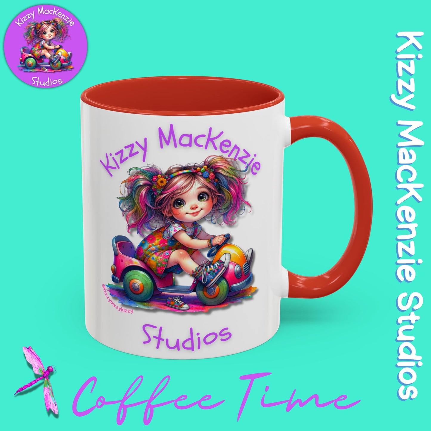 Kizzy MacKenzie Studios Logo Signature Mug Colorful Girl Driving Toy Car Accent Coffee Mug (11, 15oz)
