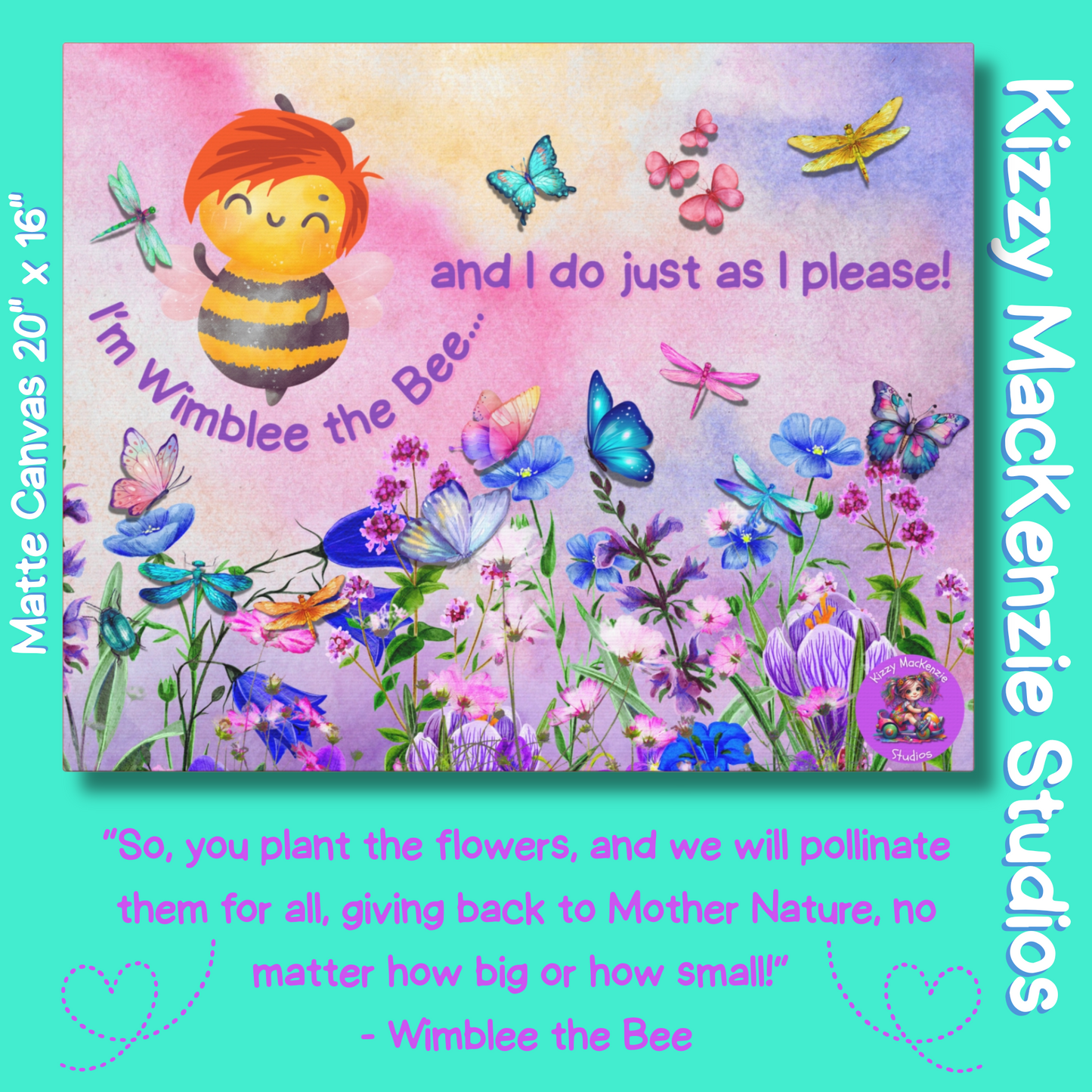 Wimblee the Bee Wildflowers Pollinators Honey Bee Canvas Wall Art Nursery Decor Classroom Decor Baby Shower Gift