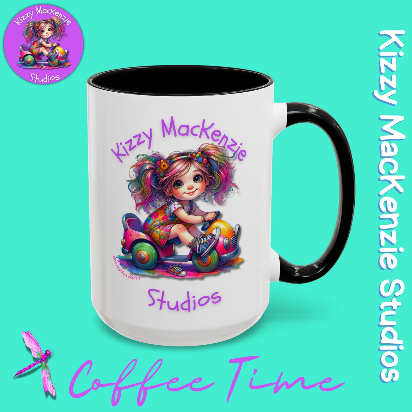 Kizzy MacKenzie Studios Logo Signature Mug Colorful Girl Driving Toy Car Accent Coffee Mug (11, 15oz)