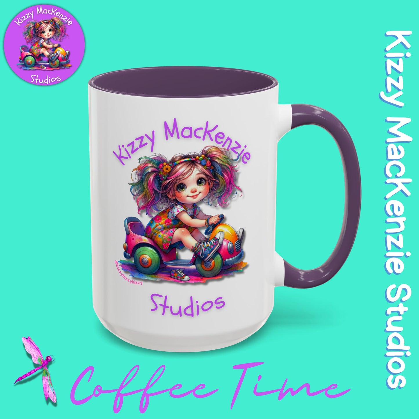 Kizzy MacKenzie Studios Logo Signature Mug Colorful Girl Driving Toy Car Accent Coffee Mug (11, 15oz)