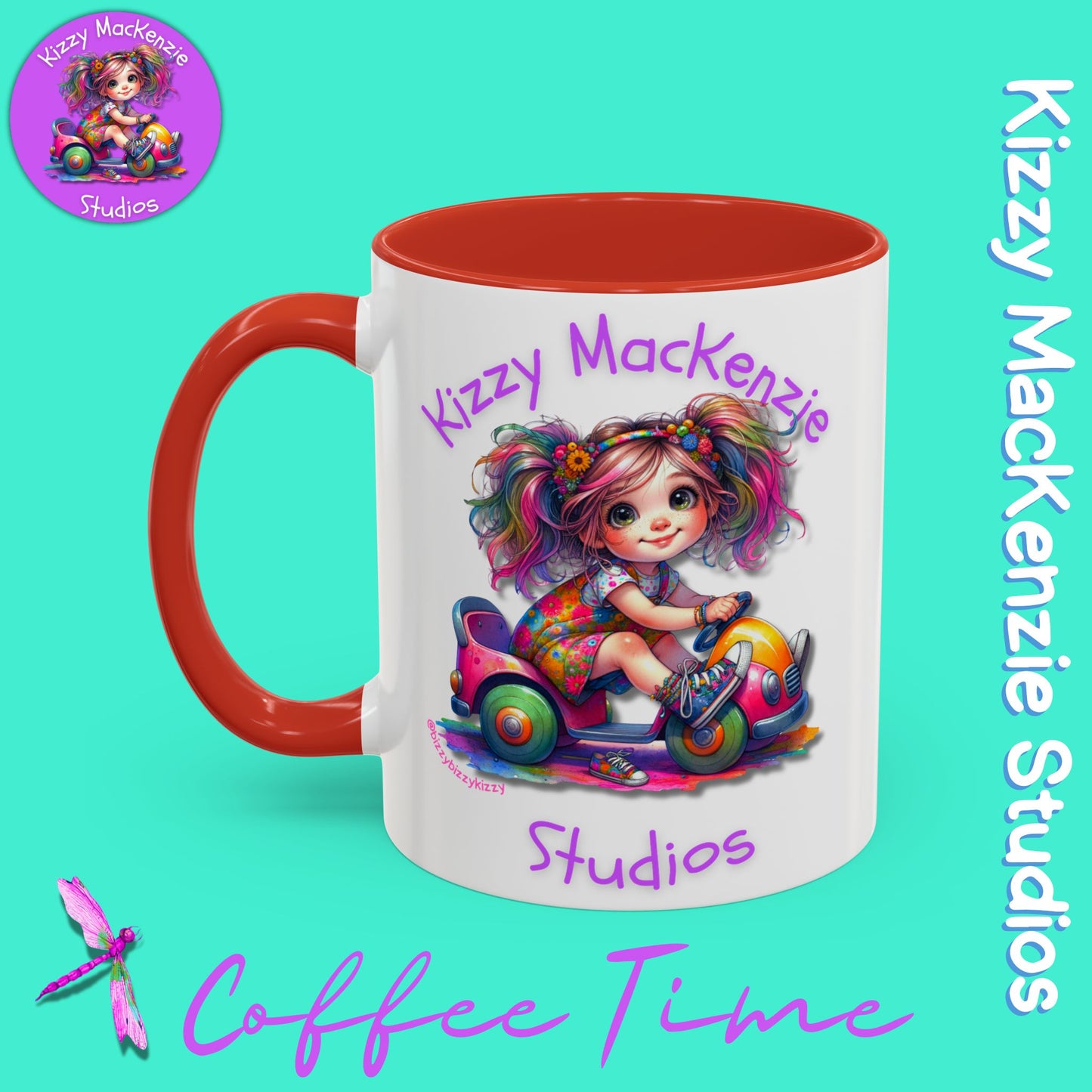Kizzy MacKenzie Studios Logo Signature Mug Colorful Girl Driving Toy Car Accent Coffee Mug (11, 15oz)