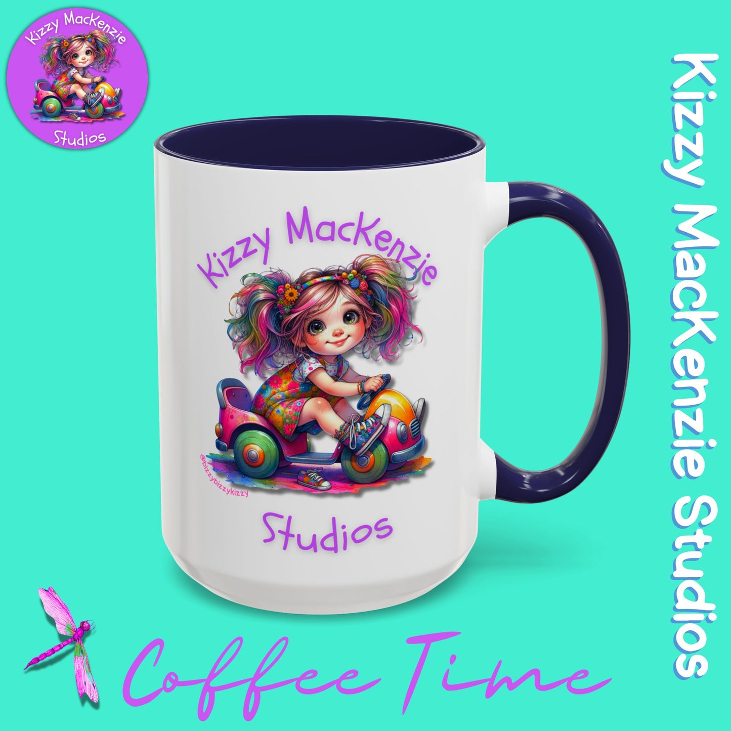 Kizzy MacKenzie Studios Logo Signature Mug Colorful Girl Driving Toy Car Accent Coffee Mug (11, 15oz)
