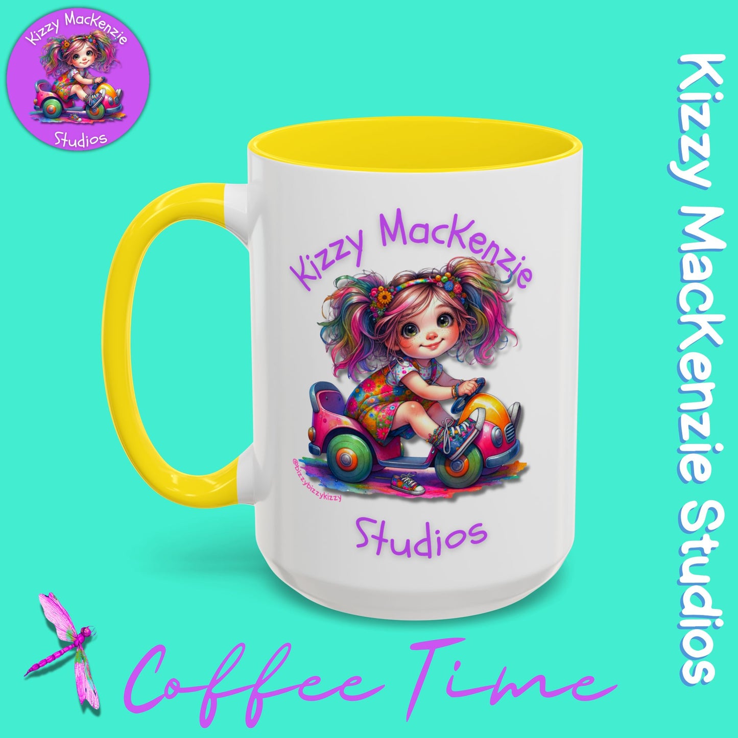 Kizzy MacKenzie Studios Logo Signature Mug Colorful Girl Driving Toy Car Accent Coffee Mug (11, 15oz)