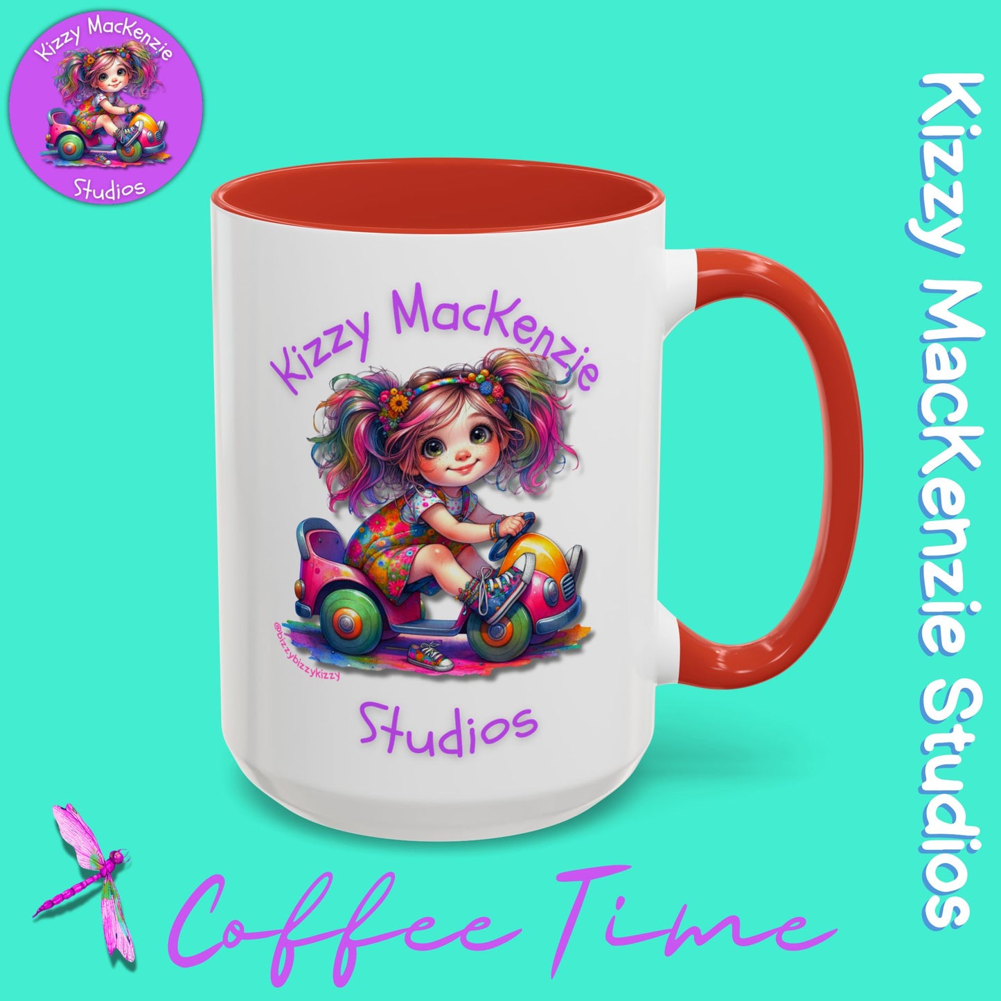 Kizzy MacKenzie Studios Logo Signature Mug Colorful Girl Driving Toy Car Accent Coffee Mug (11, 15oz)
