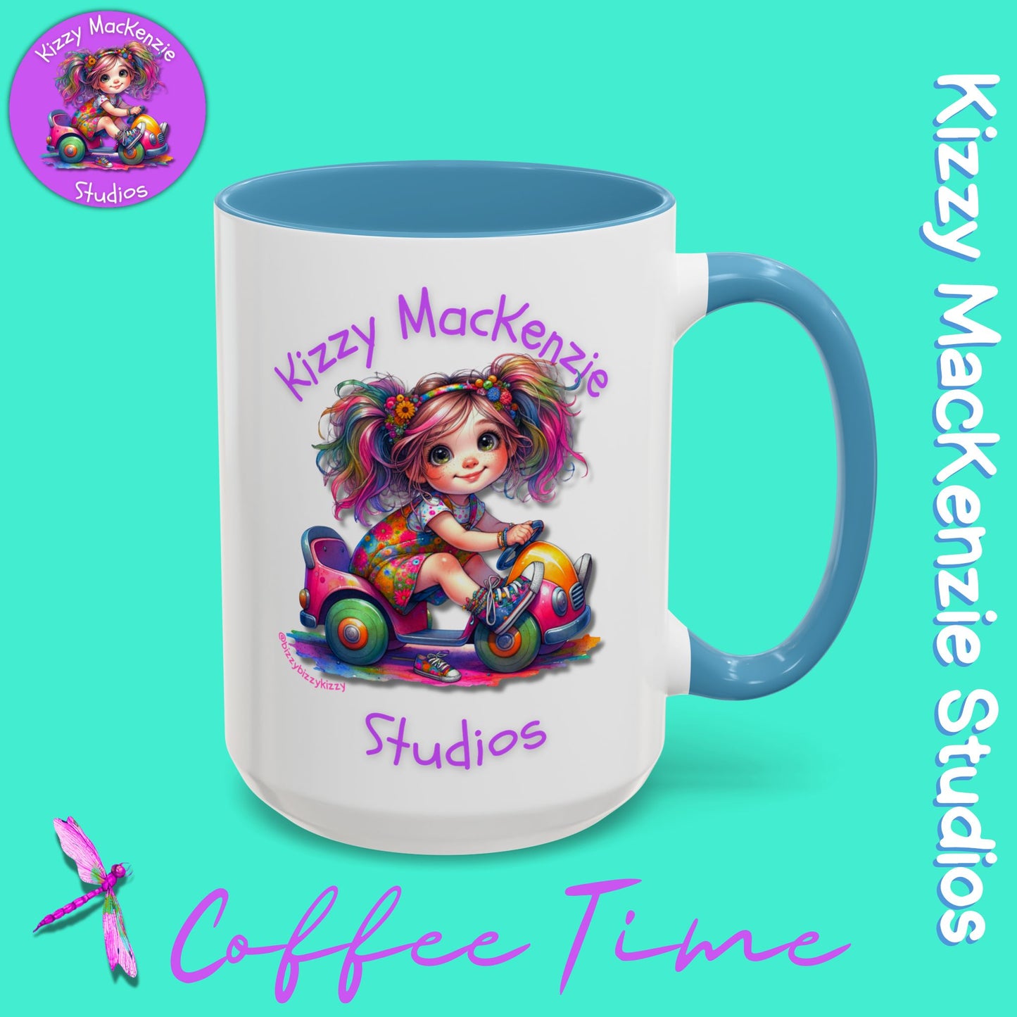 Kizzy MacKenzie Studios Logo Signature Mug Colorful Girl Driving Toy Car Accent Coffee Mug (11, 15oz)