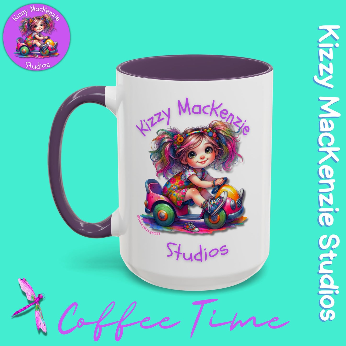 Kizzy MacKenzie Studios Logo Signature Mug Colorful Girl Driving Toy Car Accent Coffee Mug (11, 15oz)