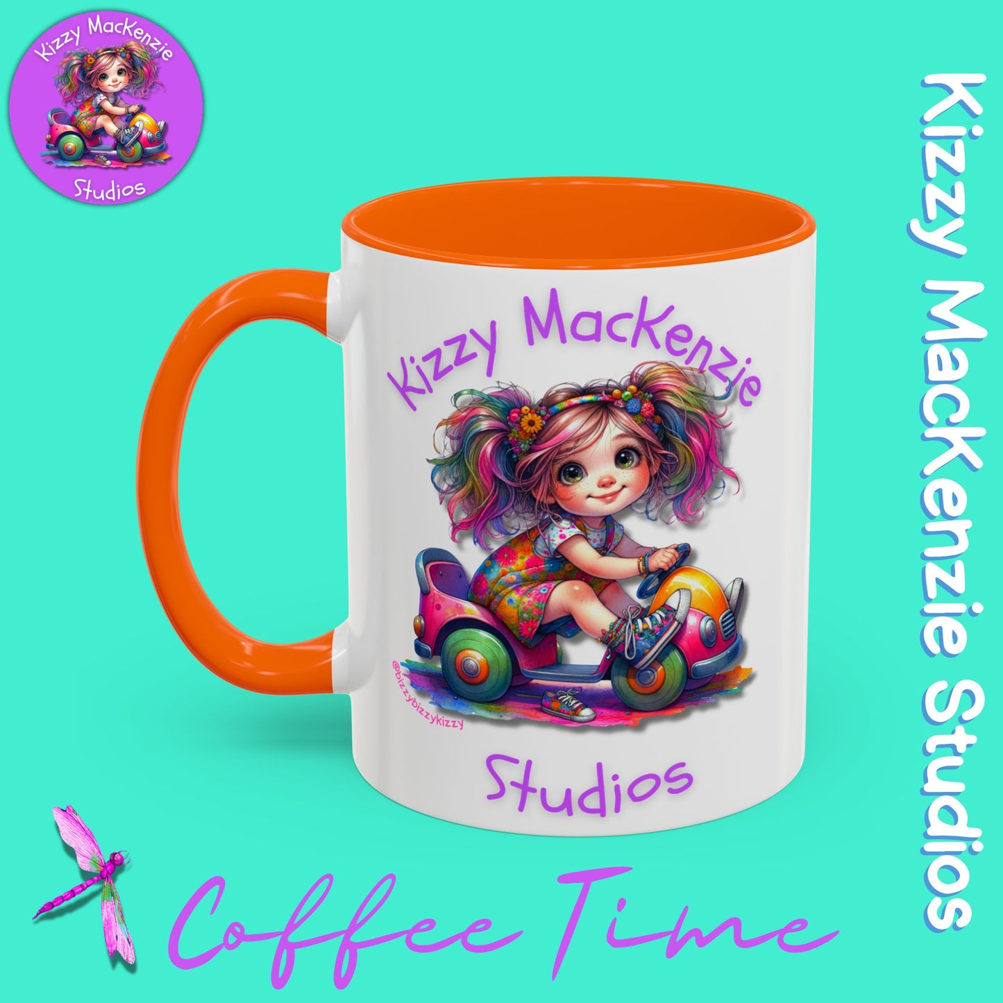 Kizzy MacKenzie Studios Logo Signature Mug Colorful Girl Driving Toy Car Accent Coffee Mug (11, 15oz)