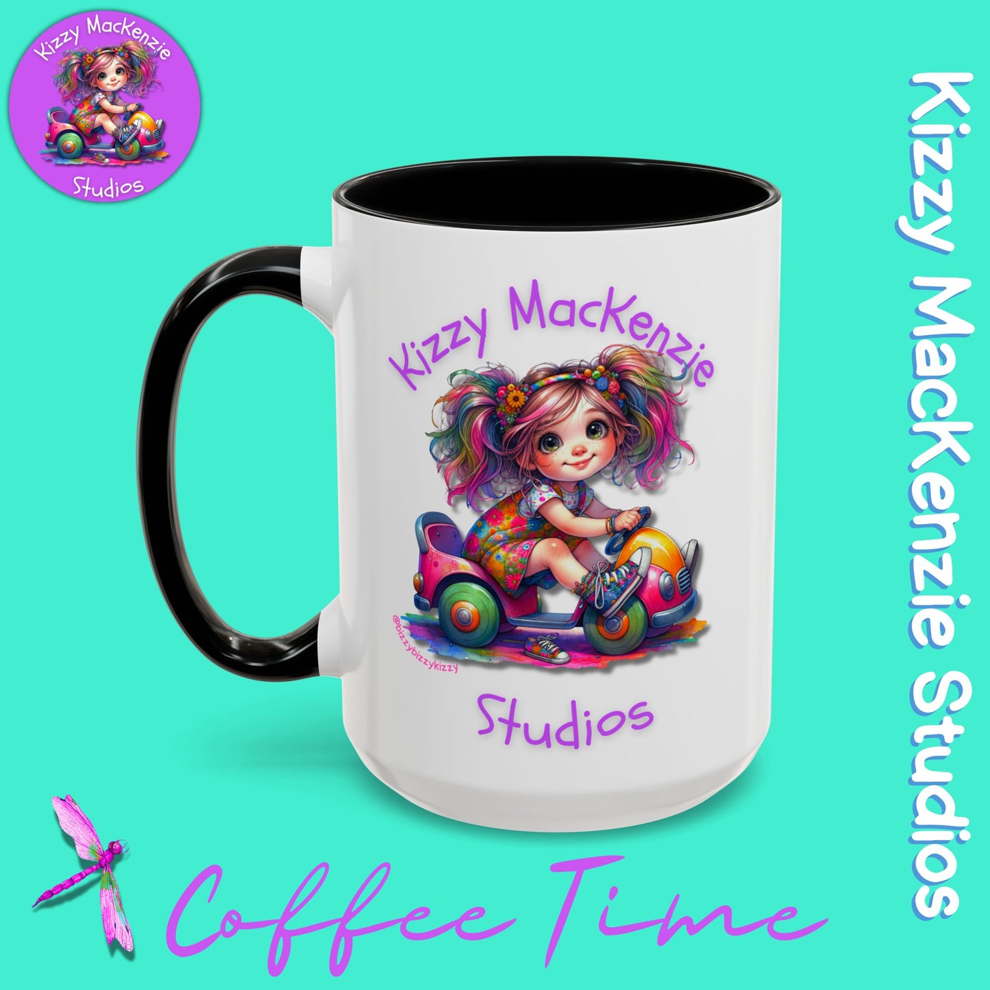 Kizzy MacKenzie Studios Logo Signature Mug Colorful Girl Driving Toy Car Accent Coffee Mug (11, 15oz)