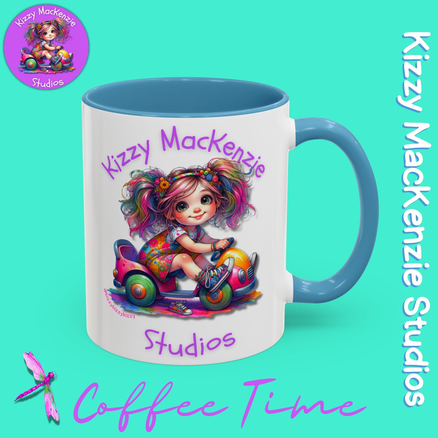 Kizzy MacKenzie Studios Logo Signature Mug Colorful Girl Driving Toy Car Accent Coffee Mug (11, 15oz)