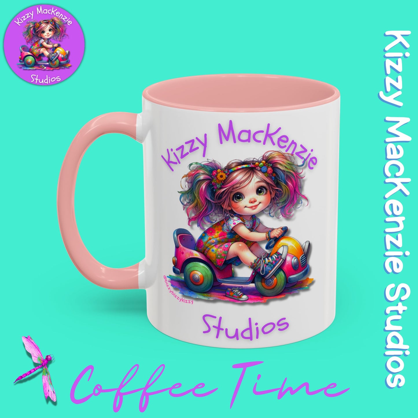 Kizzy MacKenzie Studios Logo Signature Mug Colorful Girl Driving Toy Car Accent Coffee Mug (11, 15oz)