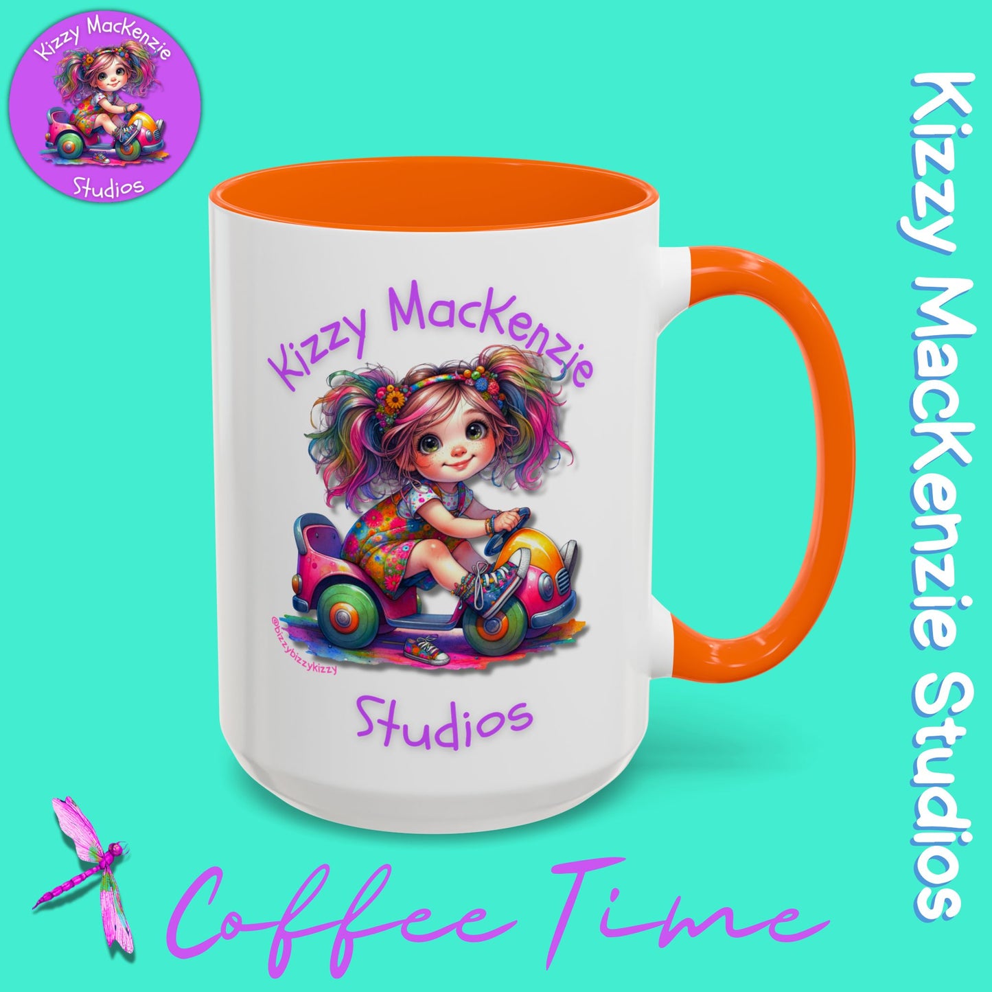 Kizzy MacKenzie Studios Logo Signature Mug Colorful Girl Driving Toy Car Accent Coffee Mug (11, 15oz)
