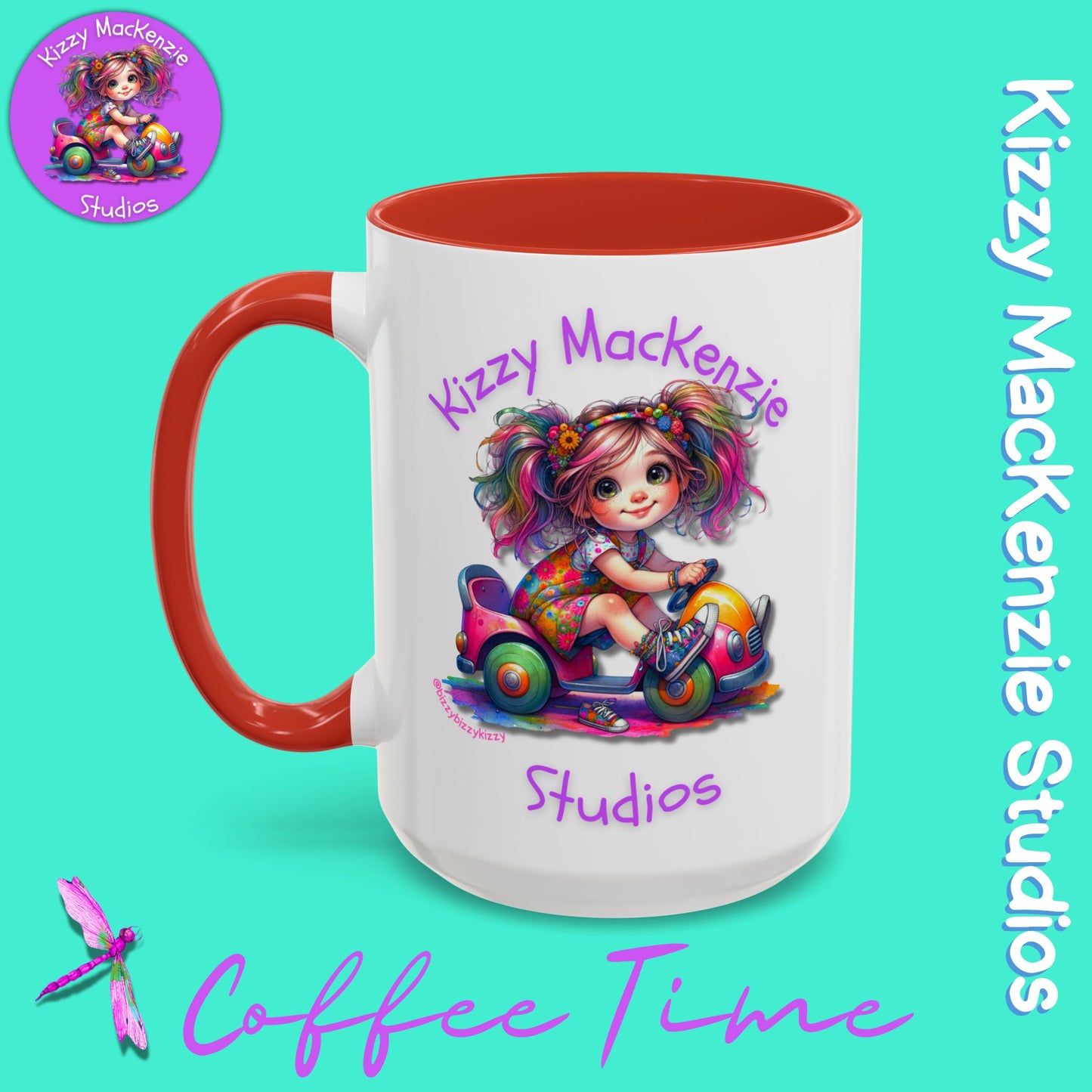 Kizzy MacKenzie Studios Logo Signature Mug Colorful Girl Driving Toy Car Accent Coffee Mug (11, 15oz)