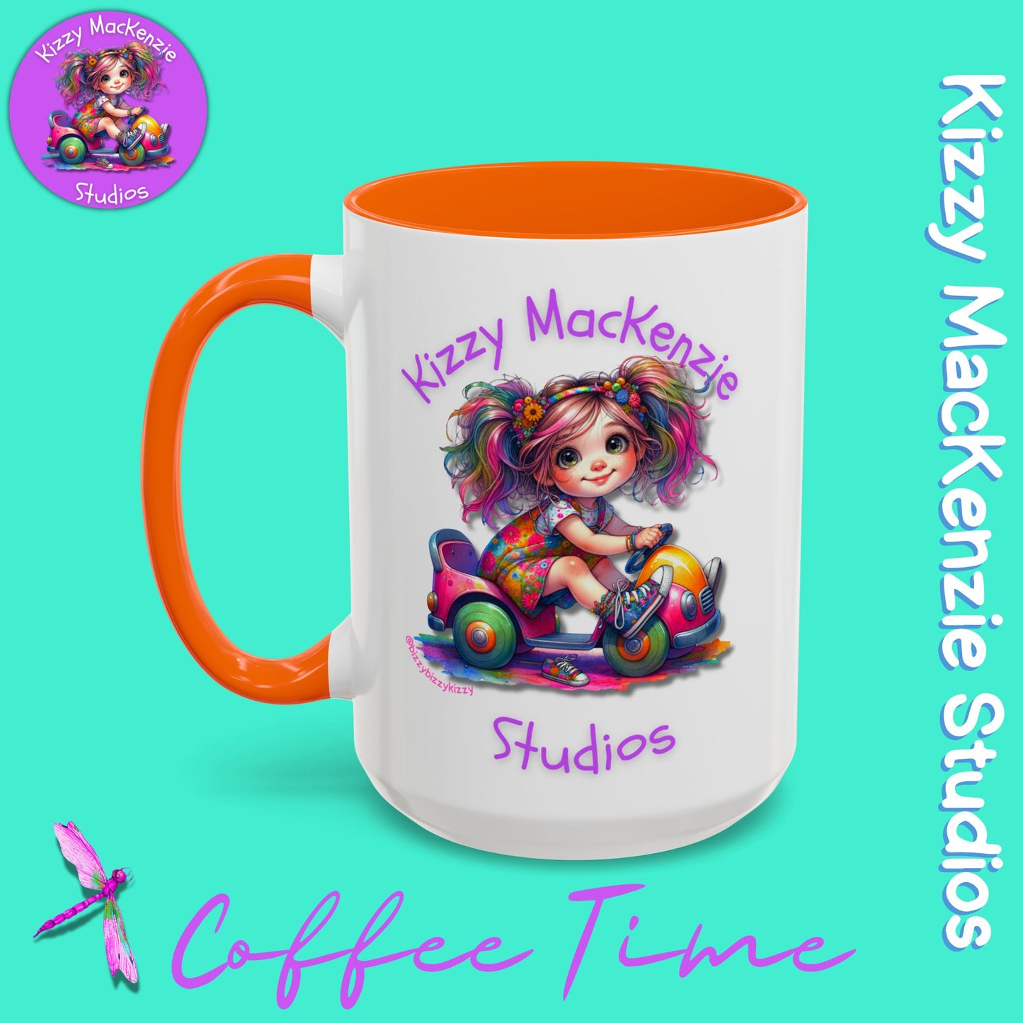 Kizzy MacKenzie Studios Logo Signature Mug Colorful Girl Driving Toy Car Accent Coffee Mug (11, 15oz)