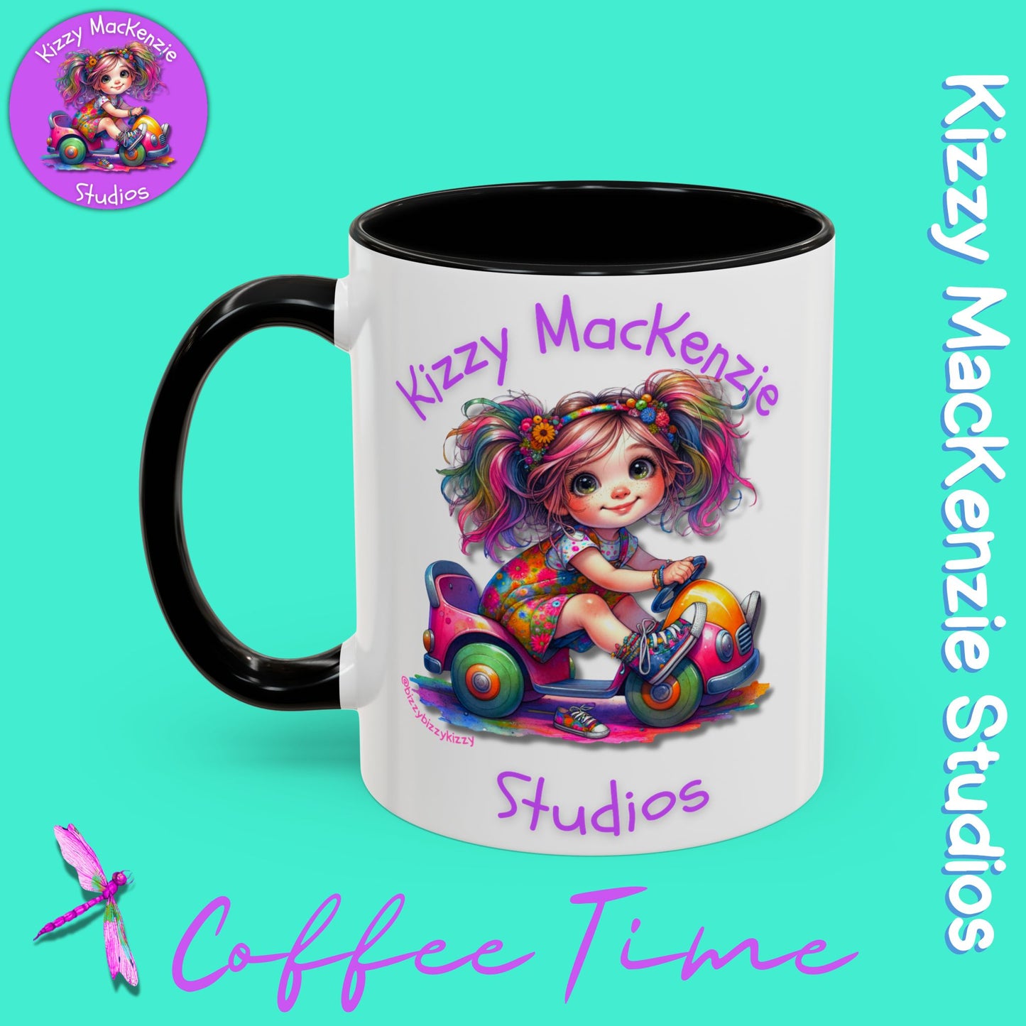 Kizzy MacKenzie Studios Logo Signature Mug Colorful Girl Driving Toy Car Accent Coffee Mug (11, 15oz)