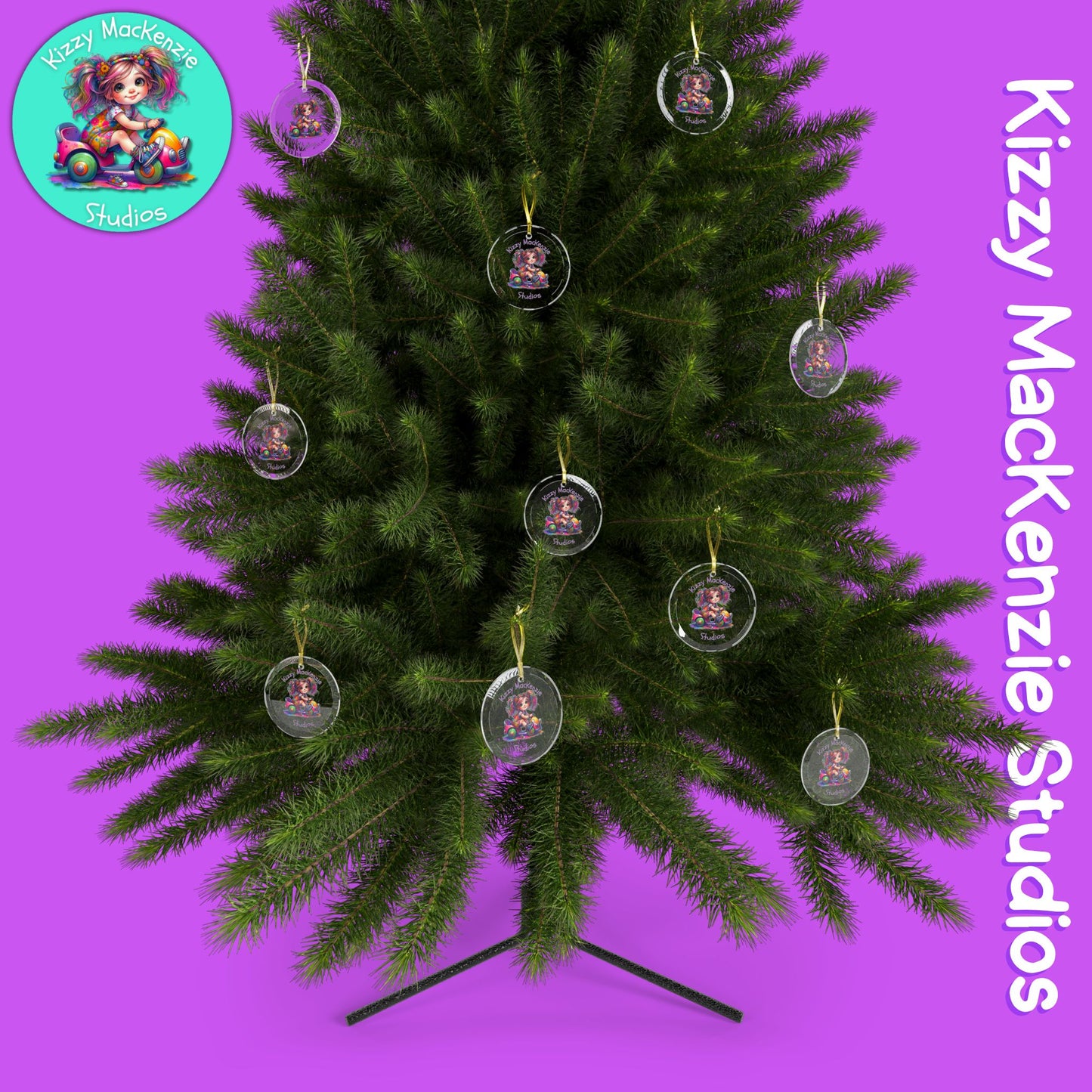 Kizzy MacKenzie Studios Logo Signature Glass Ornaments Colorful Girl Driving Toy Car