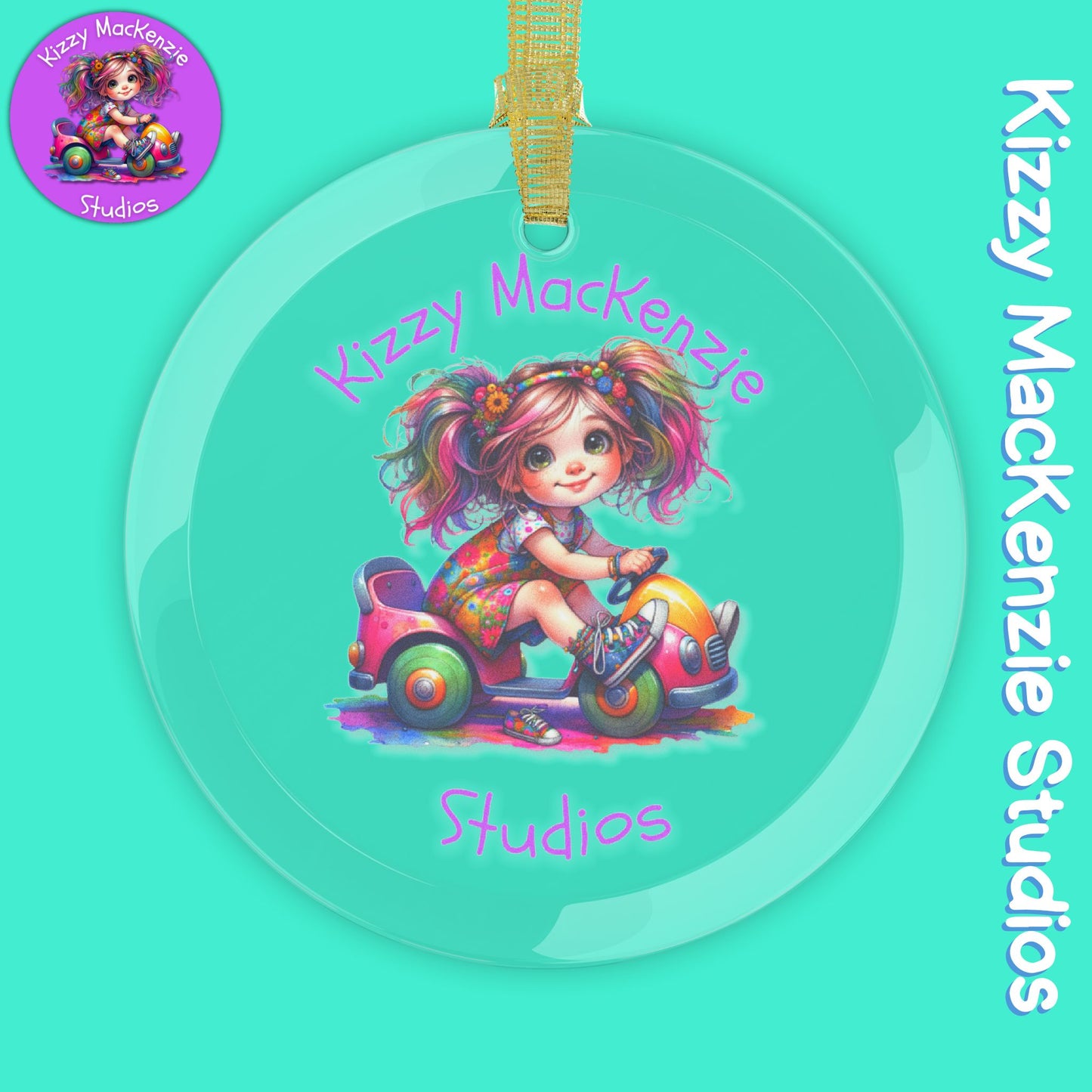 Kizzy MacKenzie Studios Logo Signature Glass Ornaments Colorful Girl Driving Toy Car