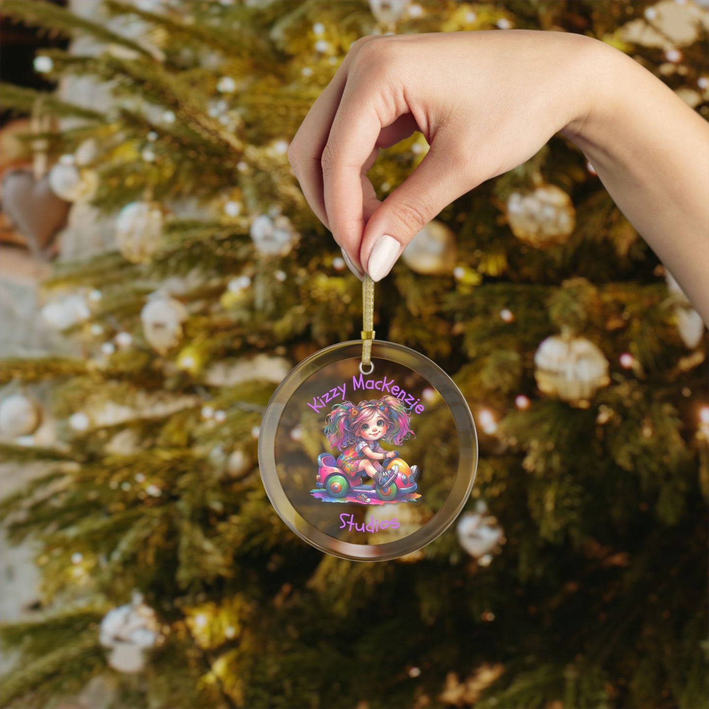 Kizzy MacKenzie Studios Logo Signature Glass Ornaments Colorful Girl Driving Toy Car