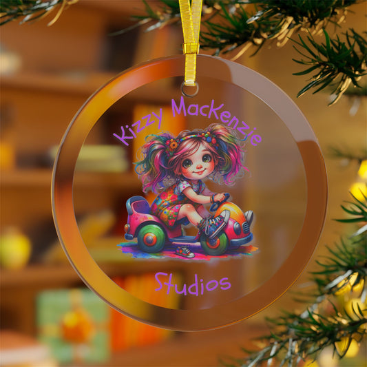 Kizzy MacKenzie Studios Logo Signature Glass Ornaments Colorful Girl Driving Toy Car