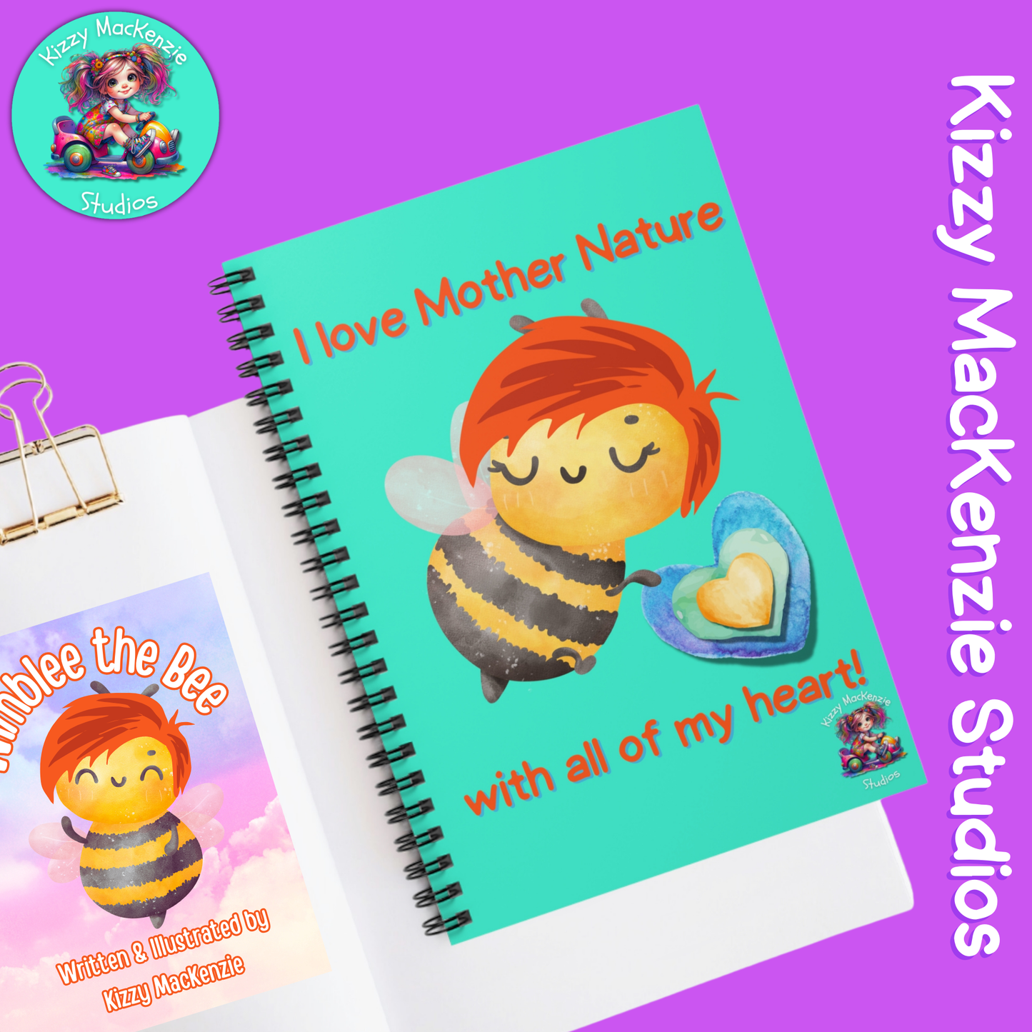 Wimblee the Bee Spiral Notebook Honey Bee Journal Mother Nature Gift Heart I Love Earth