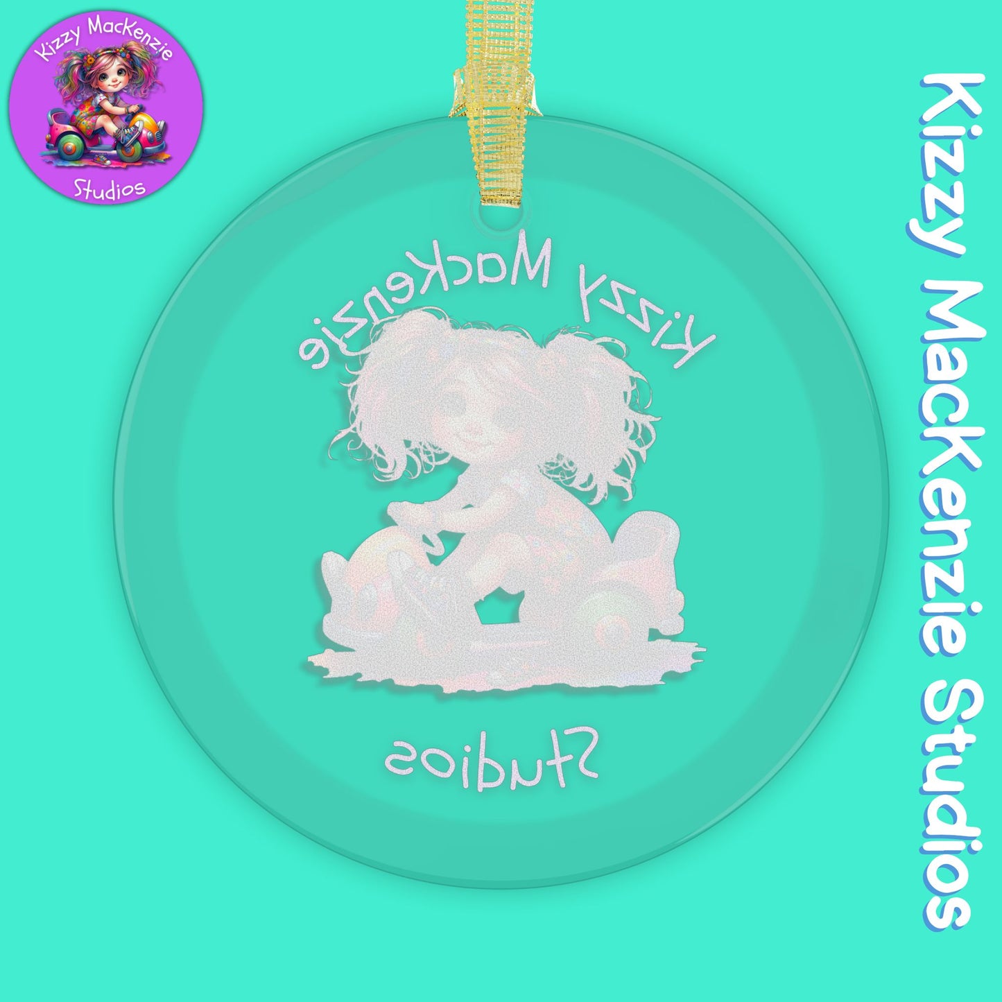Kizzy MacKenzie Studios Logo Signature Glass Ornaments Colorful Girl Driving Toy Car