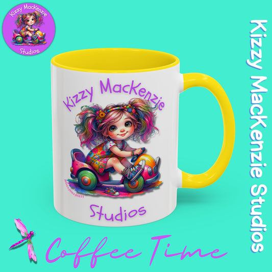 Kizzy MacKenzie Studios Logo Signature Mug Colorful Girl Driving Toy Car Accent Coffee Mug (11, 15oz)